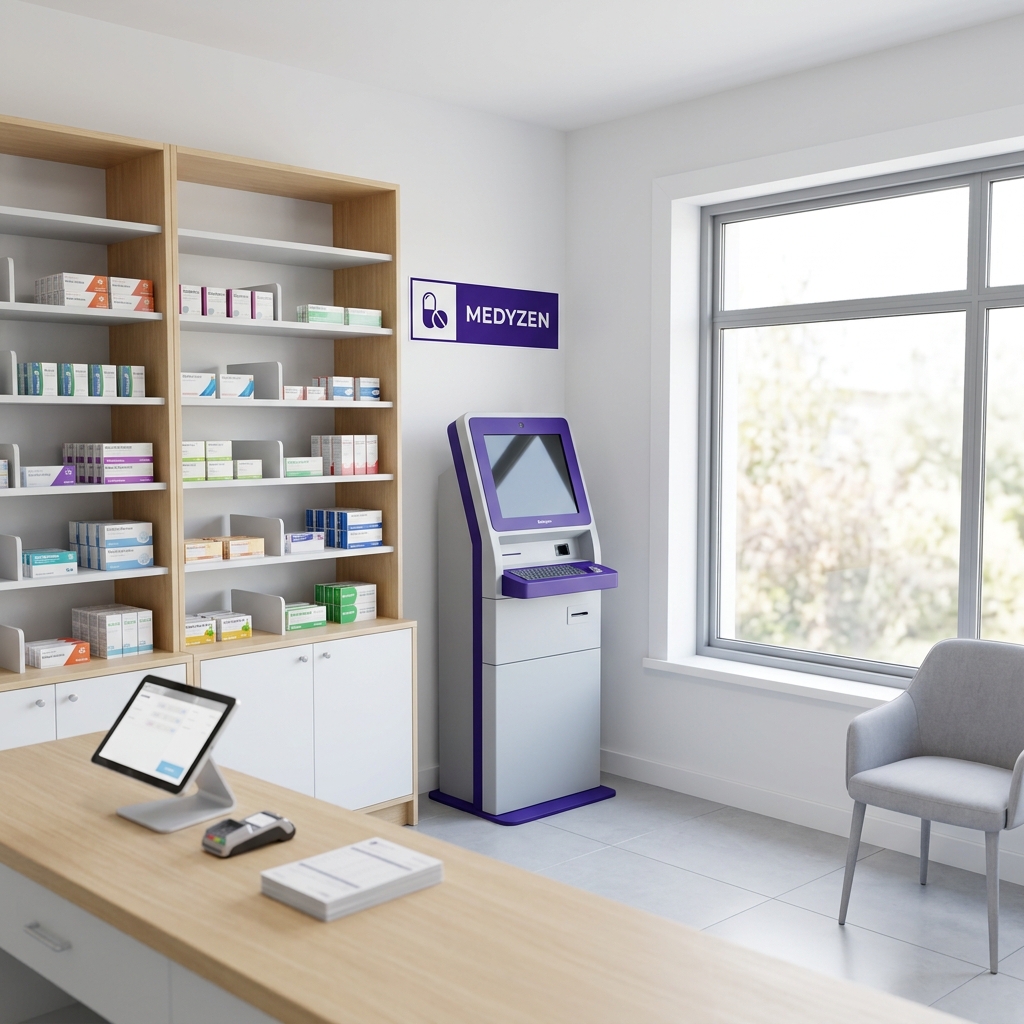 A Medyzen-run pharmacy with organised shelving and a self-service kiosk