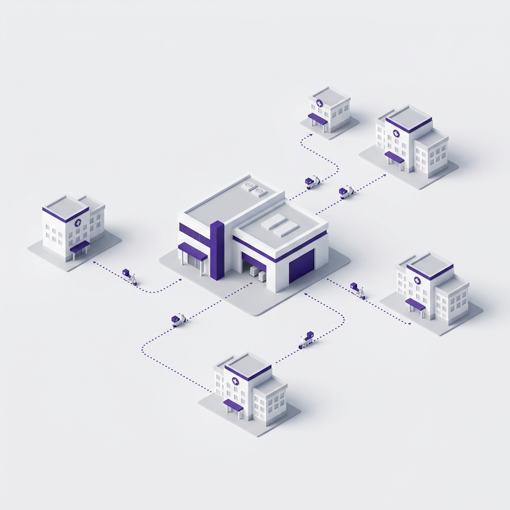 One central Medyzen pharmacy hub connected to several hospitals by delivery routes
