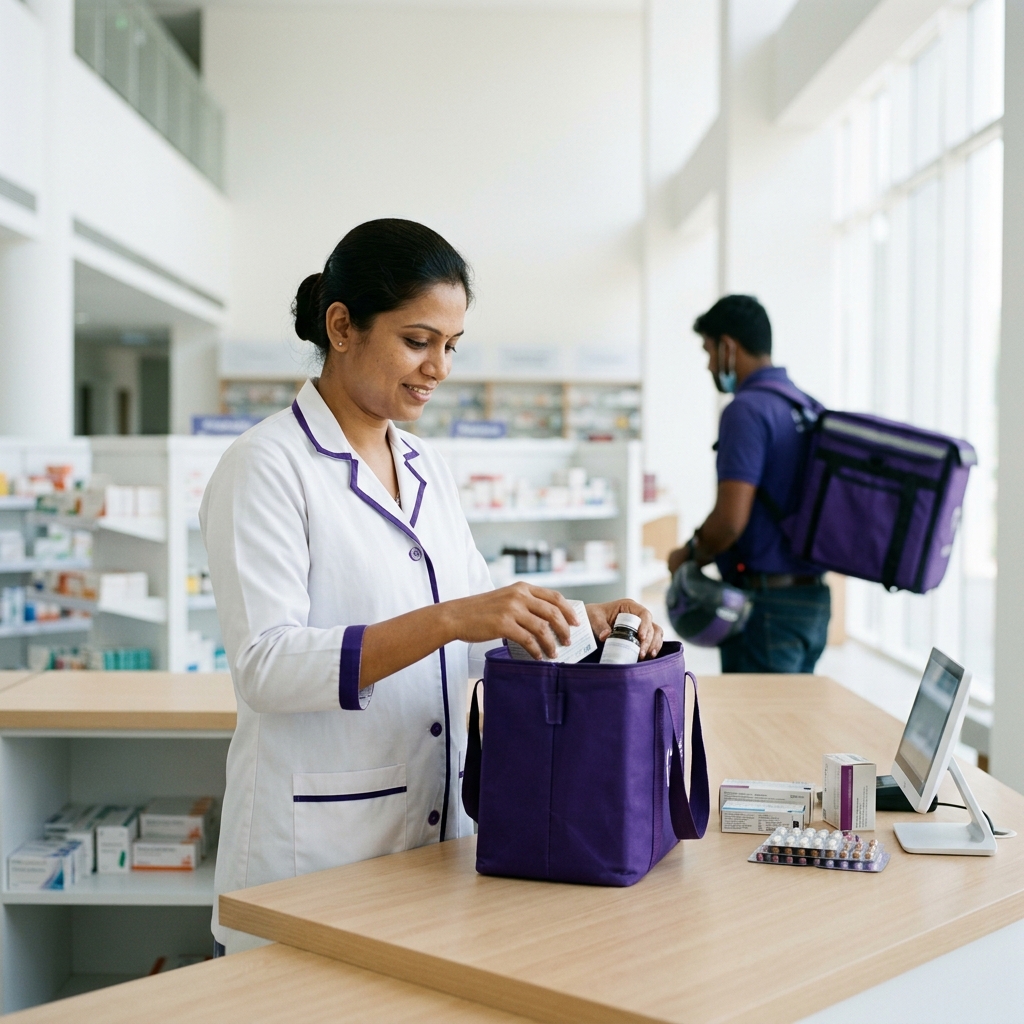 A pharmacist packing a medicine order into a Medyzen delivery bag