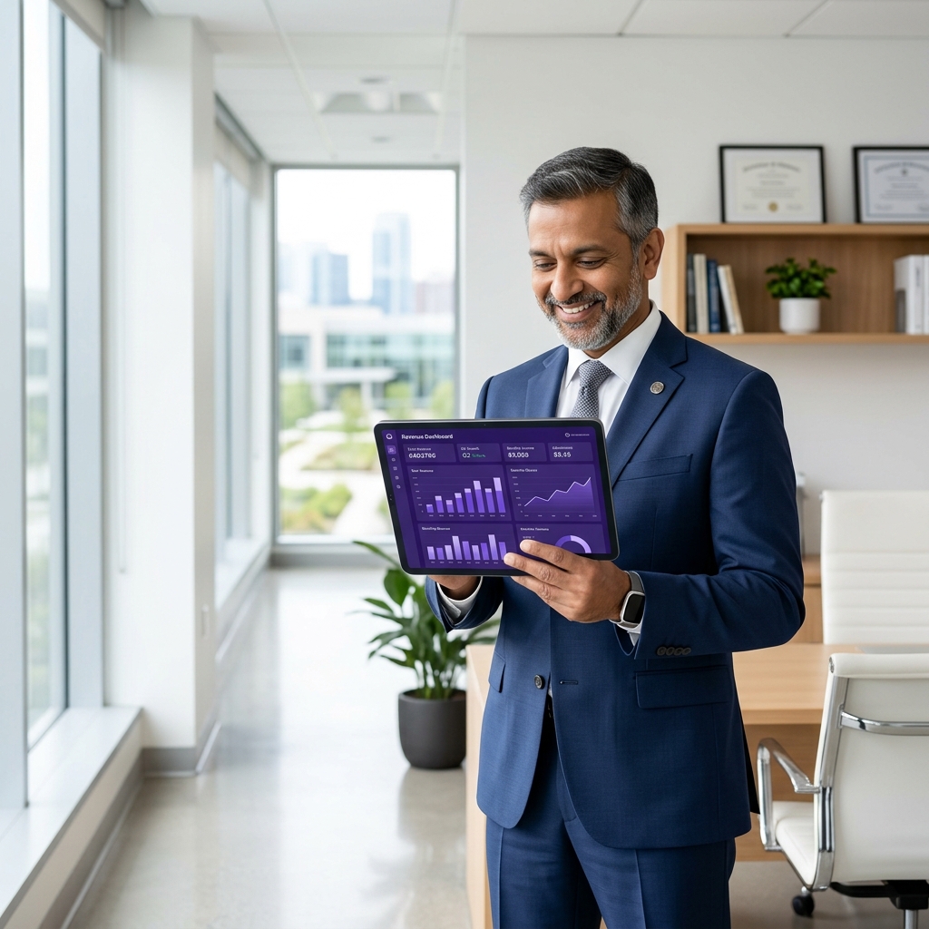 A hospital owner reviewing a revenue dashboard on a tablet